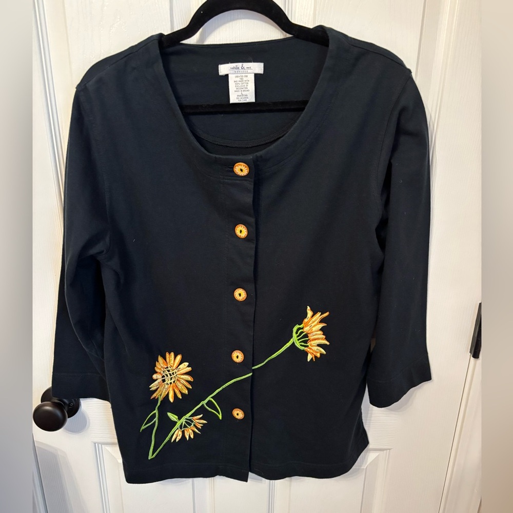 Natalie & Me Weekend Black Floral Embroidered Button-Front Cardigan 100% Cotton - Picture 2 of 10